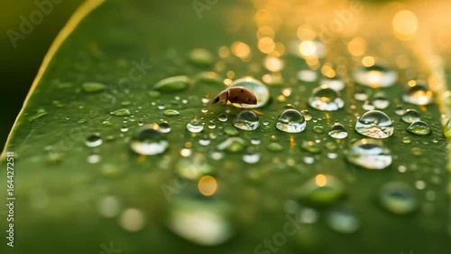Ladybug Crawling on Dew-Kissed Leaf in Golden Light: Macro Nature Scene