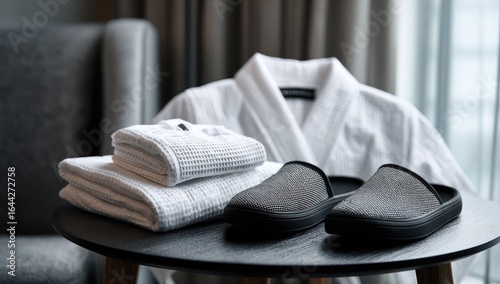 Hotel room amenities include bathrobe slippers and towels