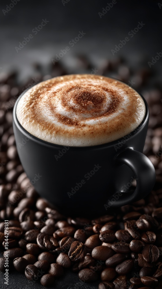 Obraz premium Black ceramic cup with cappuccino and foam topping