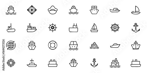 Maritime Transportation & Vessels Icon Pack – Minimalist Line Art Cargo Ship, Fishing Boat, Cruise Liner, Tugboat, Ferry, Yacht, Submarine, and Port Equipment – Shipping & Nautical Vector Icons