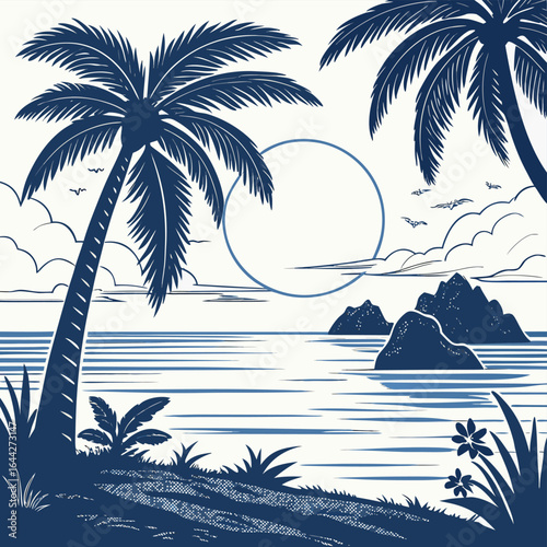 Stylized tropical beach scene with palm trees ocean islands and sun in blue and white water