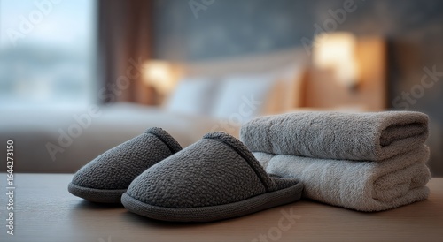 Hotel room slippers and towels on a wooden surface