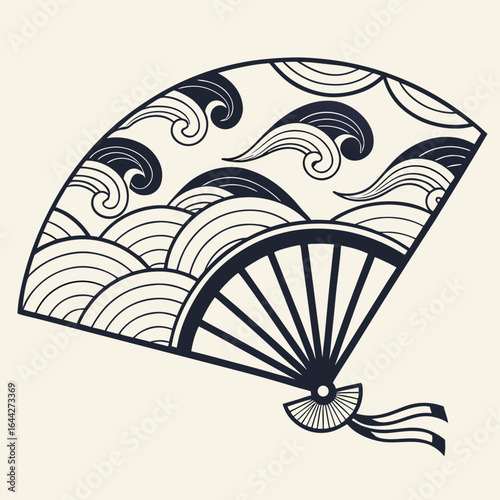 Elegant Japanese Fan Vector Design with Wave Patterns for Cultural Artwork