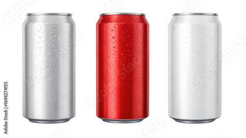 Three sleek aluminum beverage cans in silver red and white colors arranged side by side isolated on transparent background