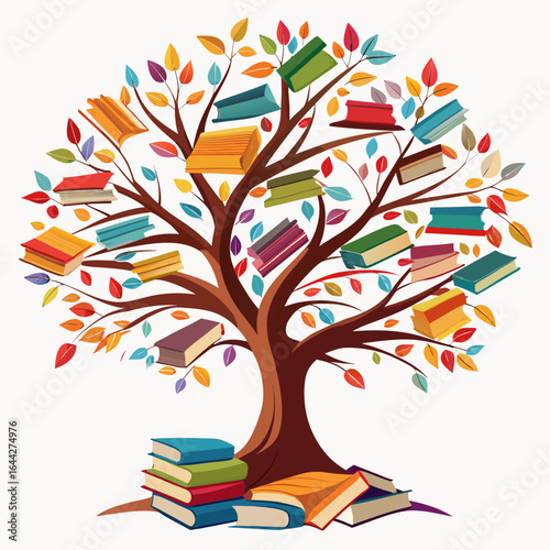 Book Tree with Flying Pages Vector Illustration

