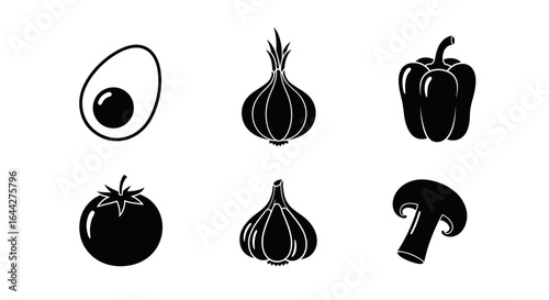 Black and white vegetable clip art vector food ingredient set on transparent background