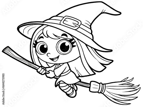 Young witch flying on broomstick in a coloring page illustration  