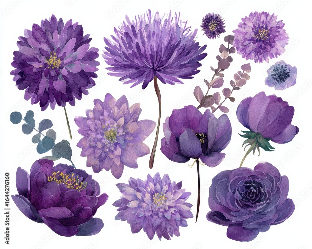 Obraz premium Vibrant Floral Artwork. Collection of Watercolor Purple Blooms in Lilac and Violet Shades