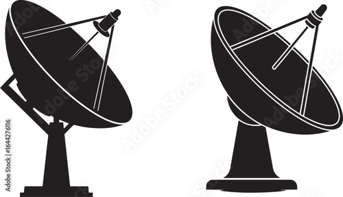 Vector art of two black satellite dishes isolated on white background
