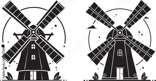 Vector art of two black silhouette icons of windmills with blades isolated on white background