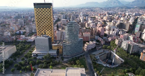 Aerial View of Tirana, Albania. Tirana's city center, highlighting Skanderbeg Plaza, Et'hem Bey Mosque, Skanderbeg monument square, Opera ballet Theatre and Giant Concrete Head Building