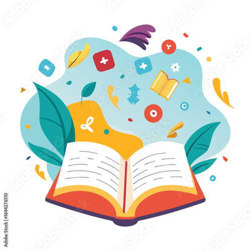 Open Book with Flying English Letters and Speech Bubbles Vector