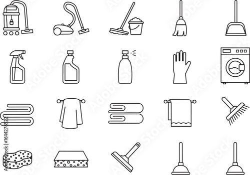 Vector art of collection of cleaning supplies and tools, isolated on white background