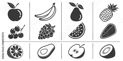 fruit icons grid collection with apple banana pear pineapple grapes watermelon silhouettes isolated on white background.