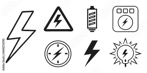 electrical power icons set with lightning bolts warning signs battery meter gauge symbols isolated on white background.