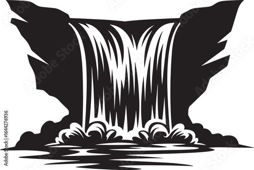 Vector art of black and white silhouette of a waterfall cascading over rocks isolated on white background