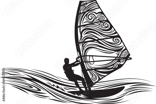 Vector art of windsurfer riding a wave with a decorative sail, isolated on white background