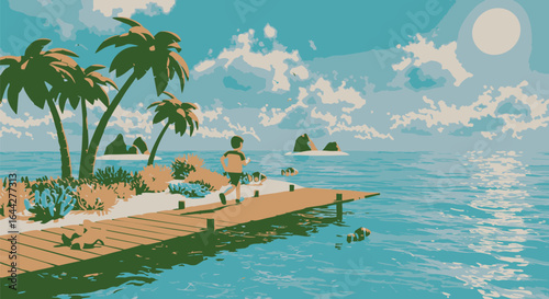 A tranquil coastal scene of a person on a wooden jetty at a tropical island paradise, vector illustration with a retro aesthetic.