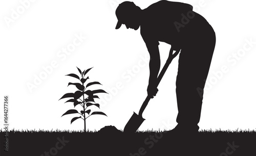 Vector art of silhouette of a person planting a small tree with a spade in the ground, isolated on white background