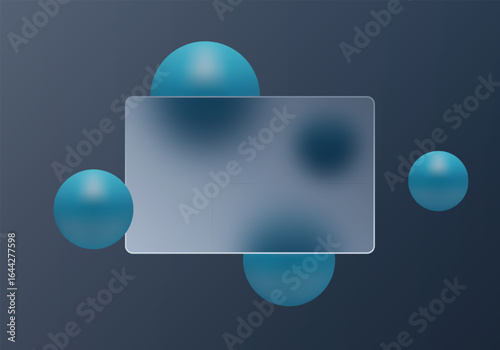 Abstract modern background with blue spheres and frosted glass rectangle for text.