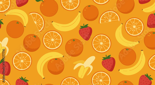A pattern of bananas oranges and strawberries on orange background