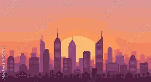 Silhouette of a city skyline with a sunset in the background