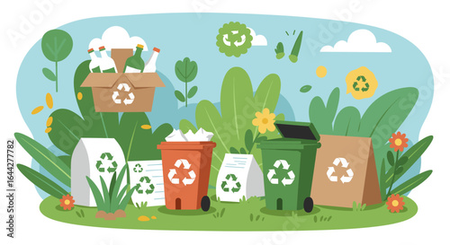 Illustration of recycling bins and materials in nature scene