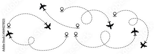 Airplane route vector set: dotted flight path illustration - downloadable graphics for travel and navigation designs