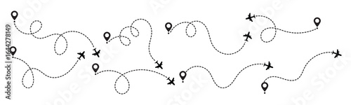 Airplane route vector set: dotted flight path illustration - downloadable graphics for travel and navigation designs