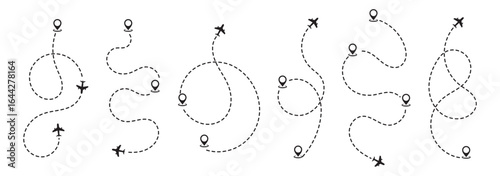 Airplane route vector set: dotted flight path illustration - downloadable graphics for travel and navigation designs