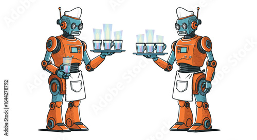 Retro robot waiters serving drinks with futuristic glasses and aprons