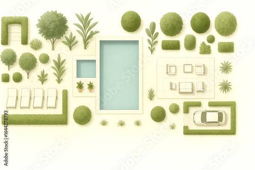 Architectural Site Plan Illustration Featuring Swimming Pool, Outdoor Furniture, and Lush Greenery, for marketing materials, property sales presentations, and urban planning visualizations