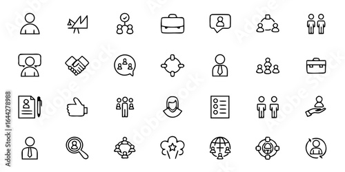 Human Resources & Team Management Glyph Icon Pack – Minimalist Line Art User Profiles, Recruitment, Training, Payroll, Evaluation, Collaboration, and HR Tools – Corporate & Workplace Vector Icons 