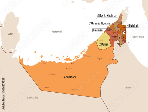 Map of the United Arab Emirates with administrative divisions, borders of 7 emirates and neighboring countries, with major cities indicated, color vector illustration on white background