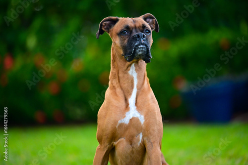 Boxer in the yard with ears up 