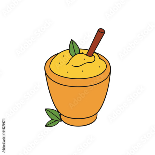Refreshing mango lassi in a traditional clay cup with aromatic spices and a clean white background