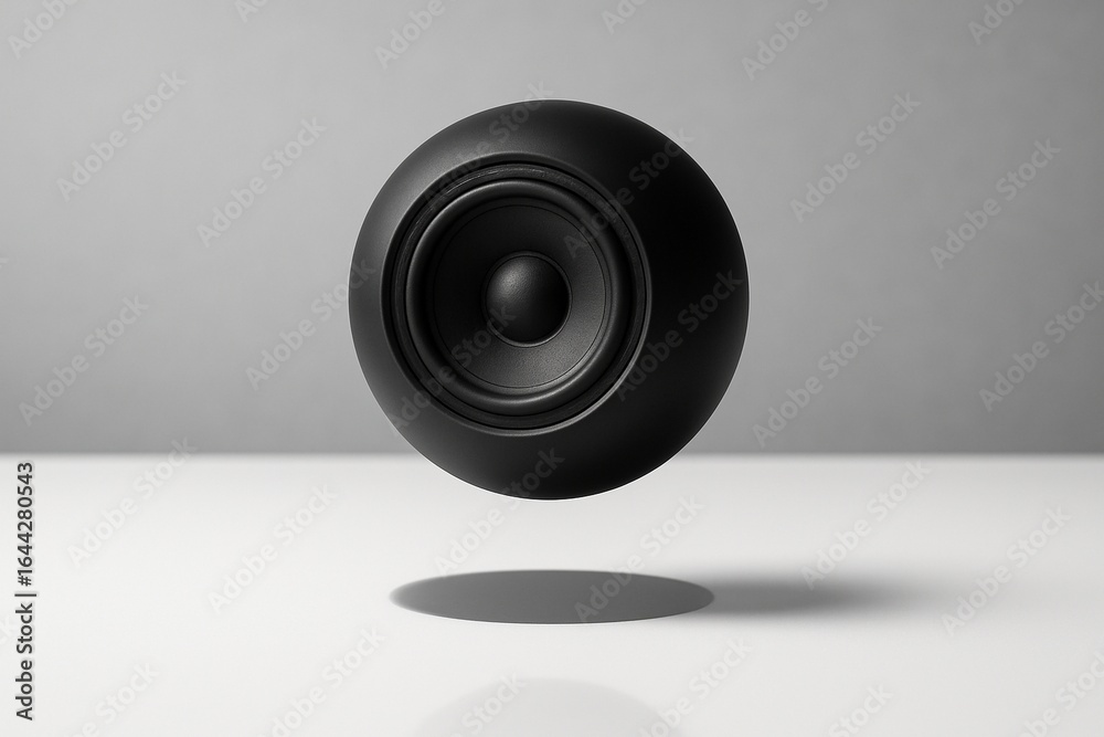 Black spherical speaker floating on reflective surface with grey backdrop Black spherical speaker floating on reflective surface with grey backdrop