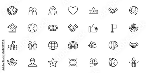 Cultural Diversity & Global Inclusion Icon Bundle – Minimalist Line Art Multicultural People, Global Unity, Language Exchange, World Flags, International Partnership, and Inclusion 