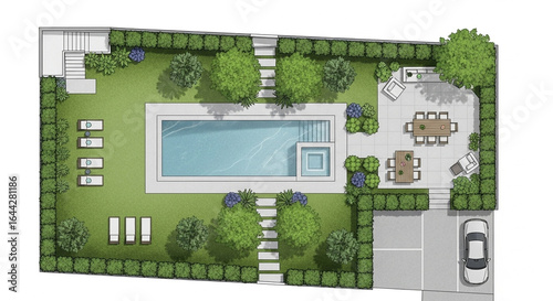 Modern Backyard Landscape Plan with Pool, Patio, and Garden Elements – Top-Down Architectural Illustration, for architects, landscape designers, and real estate developers needing visual assets