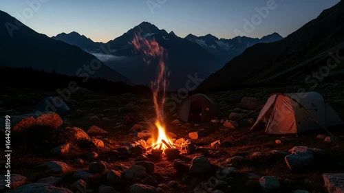 Mountain Campfire at Dawn with Tents