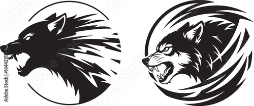 Vector art of black and white graphic illustration of two fierce wolf heads in profile, one with dynamic lines