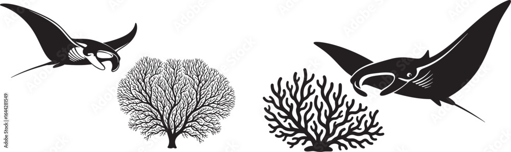 Obraz premium Vector art of silhouette of two manta rays swimming near coral isolated on white background