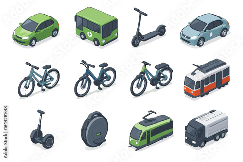 Icons train vehicle bus eco icon tram hydrogen car unicycle electric vector