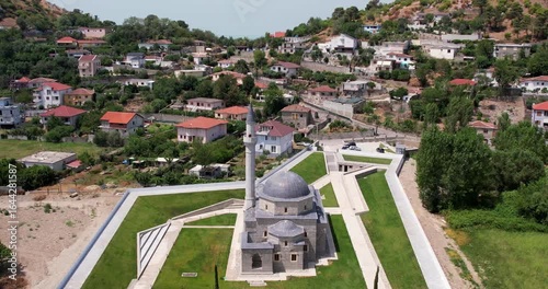 Aerial view of The Lead Mosque (Albanian: Xhamia e Plumbit), also known as the Busatli Mehmet Pasha Mosque, is a historical ottoman mosque in Shkoder, northwestern Albania.