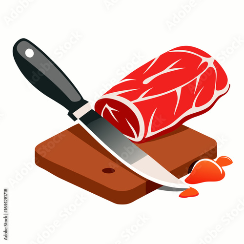 Minimalistic Butcher Knife Slicing Fresh Beef Roast with Marbling Details Isolated on White Background

