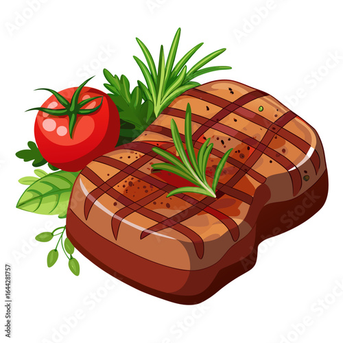 Realistic Juicy Grilled Beef Steak with Fresh Herbs and Vegetables Isolated on White Background