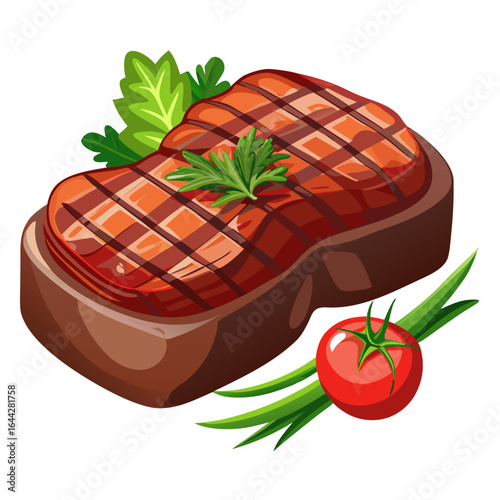Realistic Juicy Grilled Beef Steak with Fresh Herbs and Vegetables Isolated on White Background