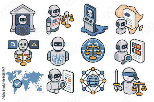 Map bot legal multilingual regulation arbitration vector ai icon global robot