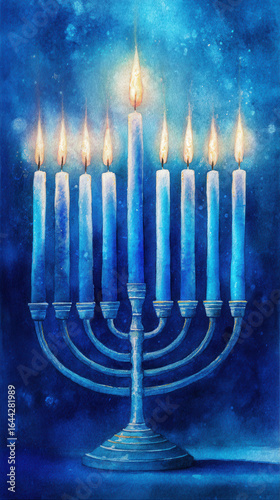 Watercolor Hanukkah menorah with glowing candles in soft blue tones, traditional Jewish holiday celebration painting