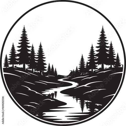 Vector art of black and white silhouette of a winding river through a forest landscape in a circle